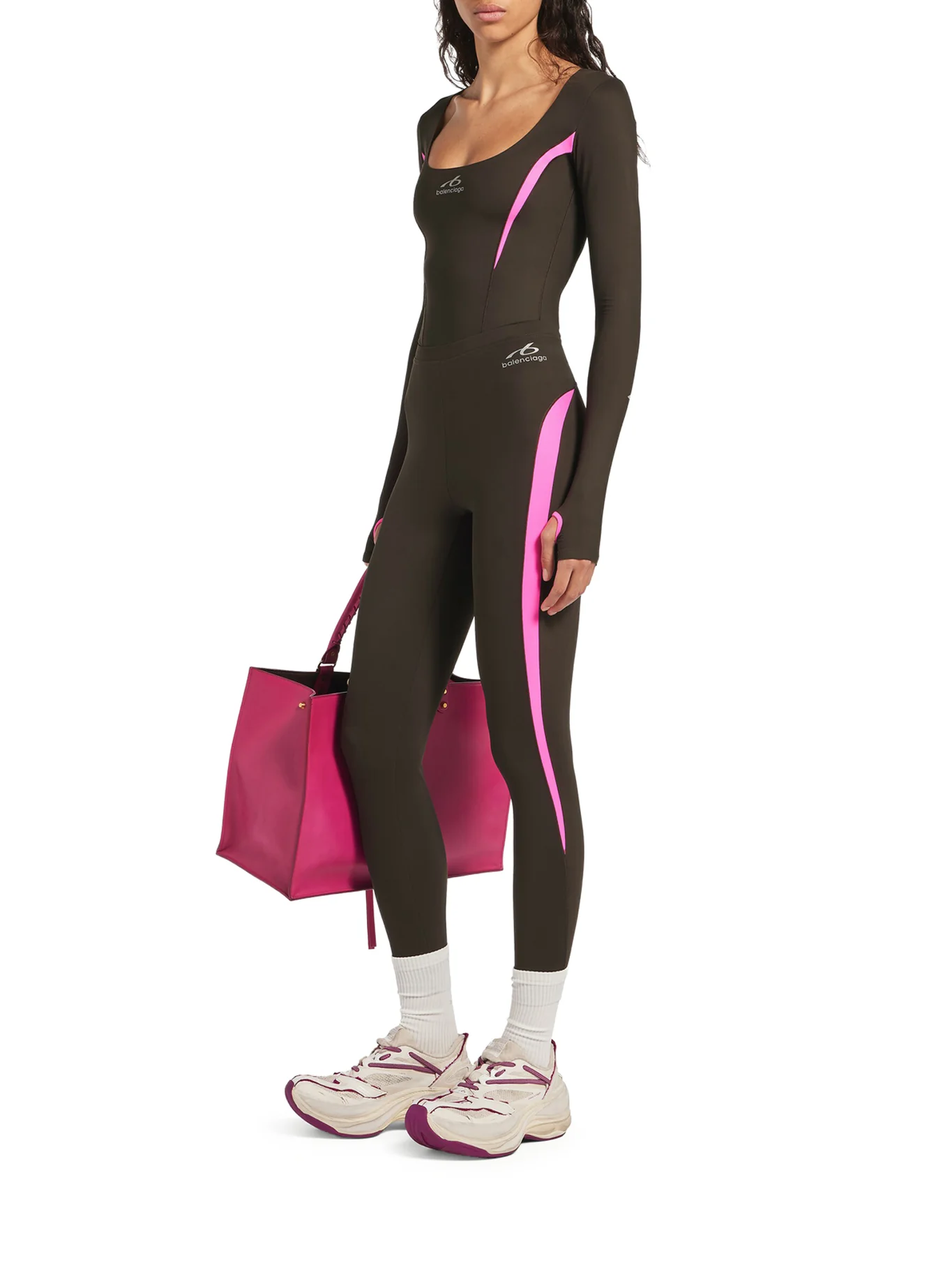 TECHWEAR LEGGINGS IN TECHNICAL FABRIC KHAKI BROWN AND FLUORESCENT PINK - Image 2