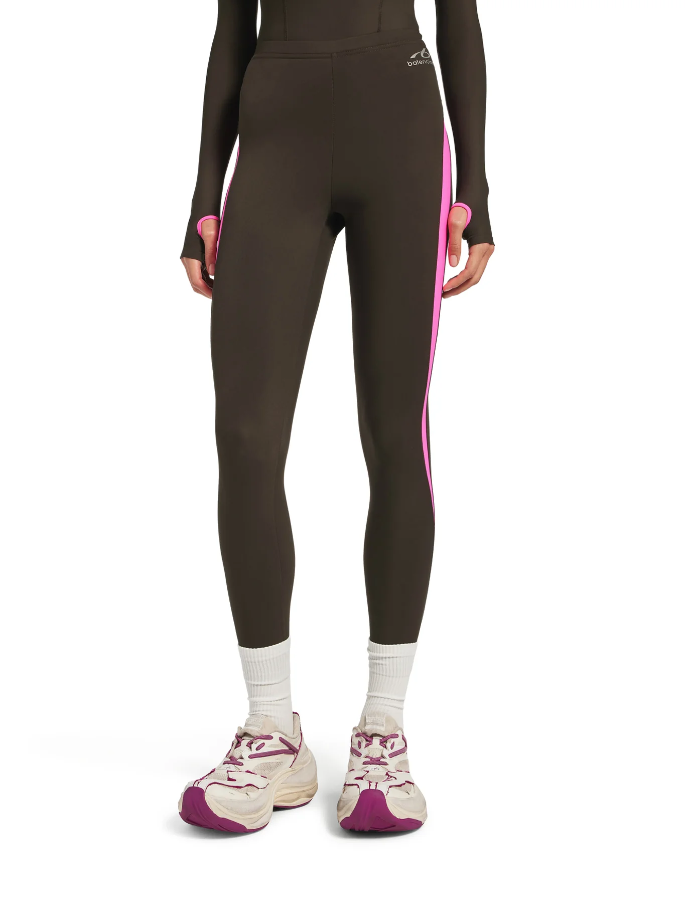 TECHWEAR LEGGINGS IN TECHNICAL FABRIC KHAKI BROWN AND FLUORESCENT PINK - Image 3