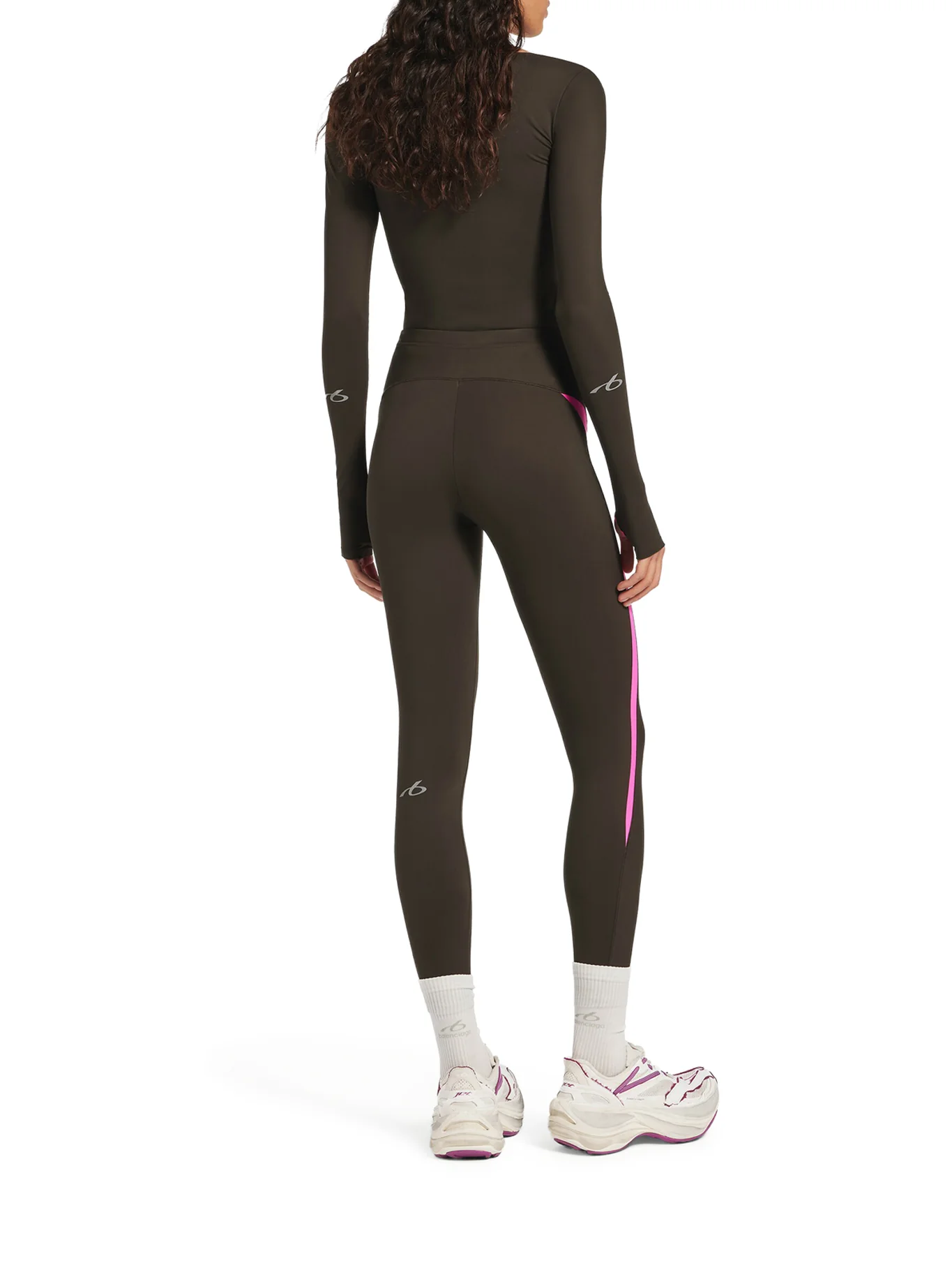 TECHWEAR LEGGINGS IN TECHNICAL FABRIC KHAKI BROWN AND FLUORESCENT PINK - Image 4