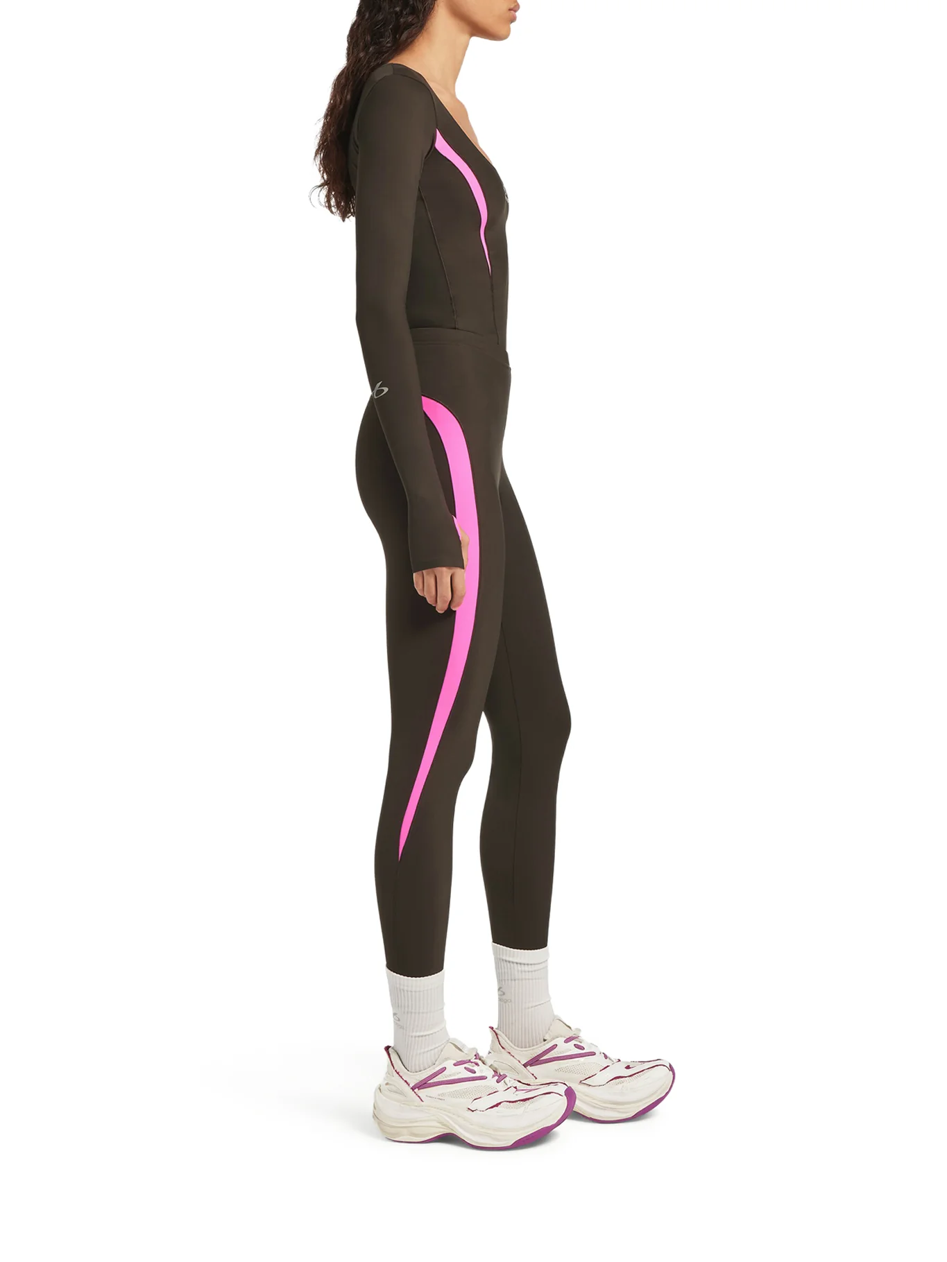 TECHWEAR LEGGINGS IN TECHNICAL FABRIC KHAKI BROWN AND FLUORESCENT PINK - Image 5