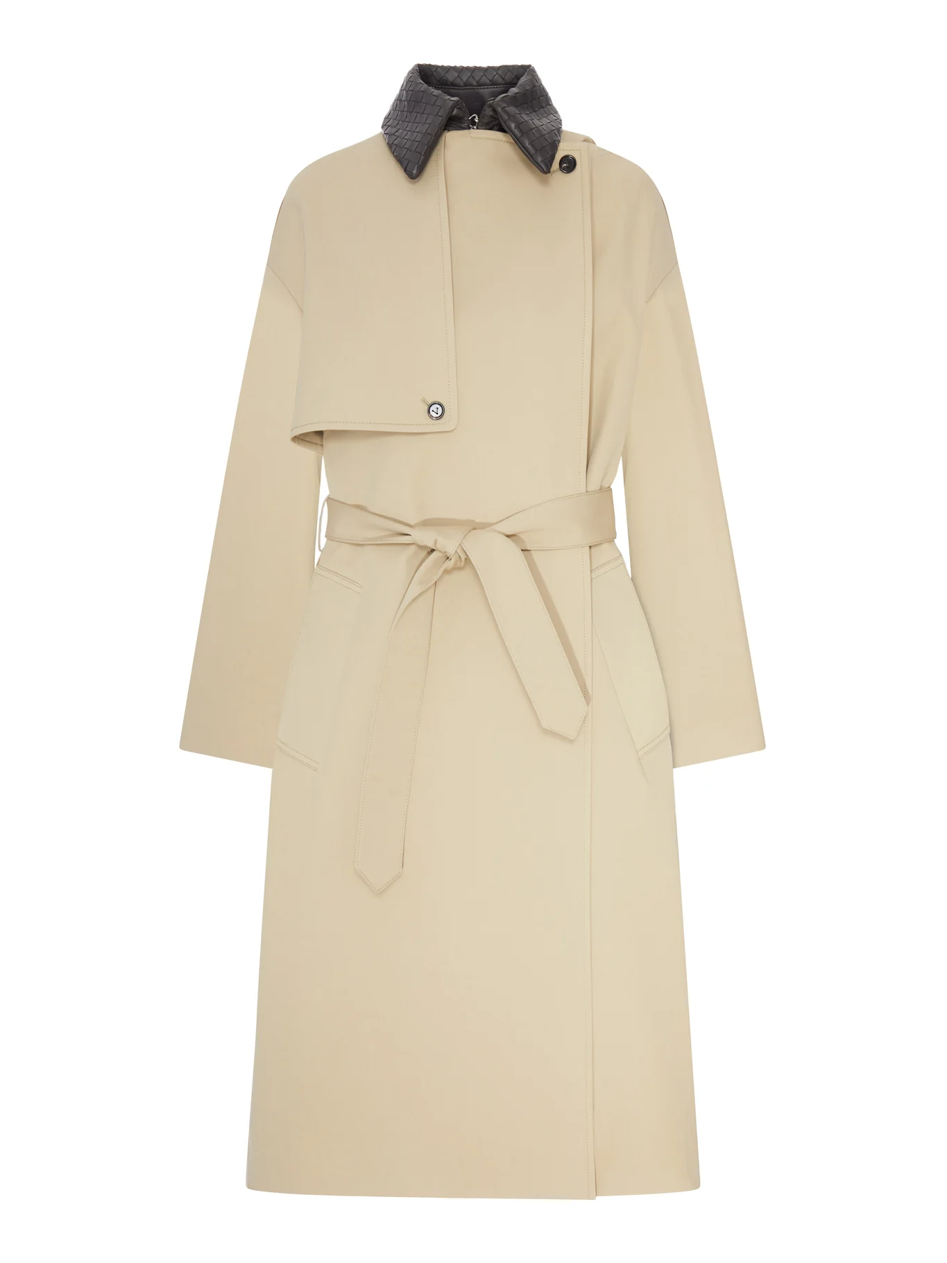 COTTON TRENCH COAT WITH WOVEN LEATHER COLLAR