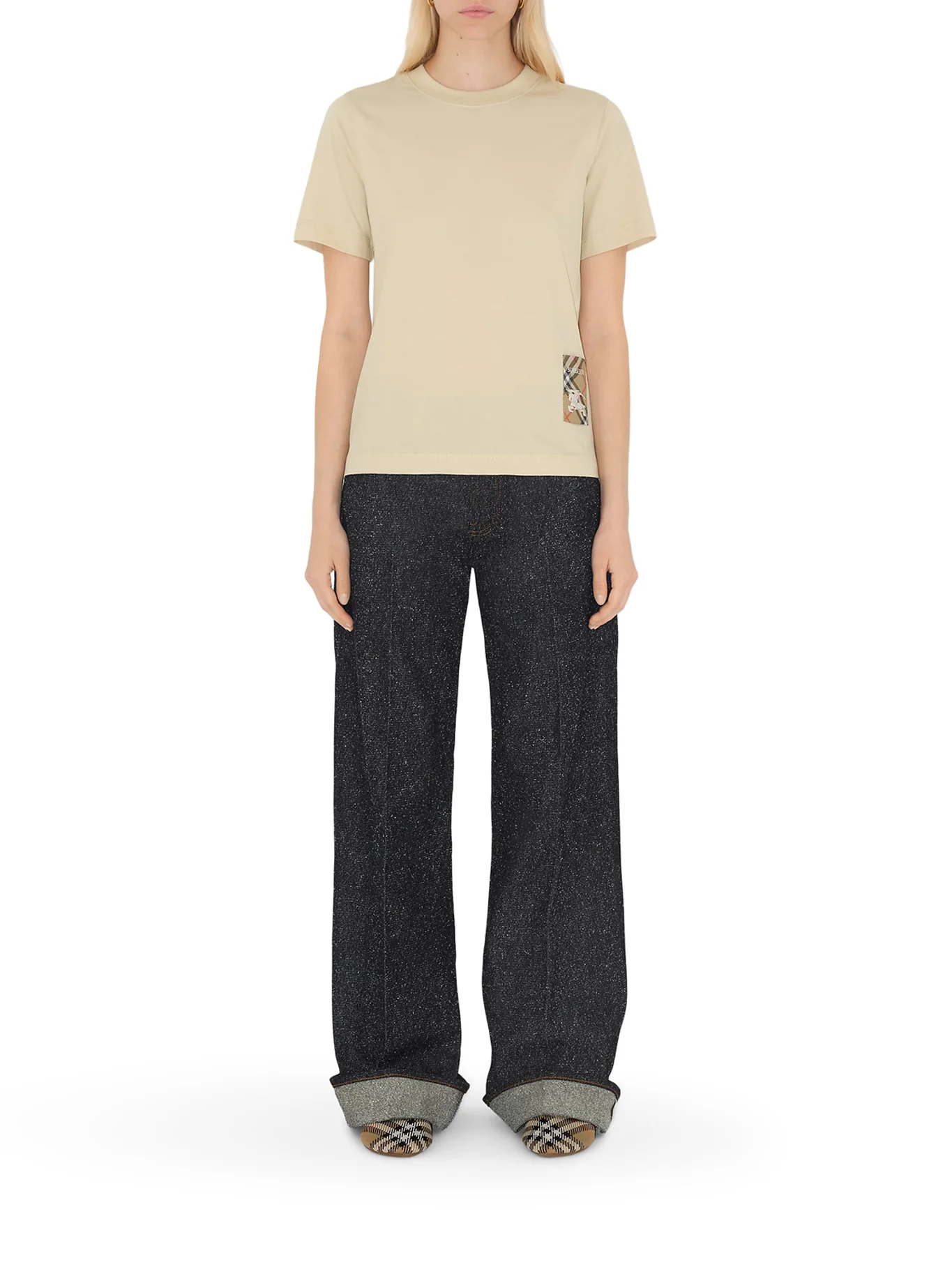 COTTON T-SHIRT WITH CHECK APPLIQUE - Image 2