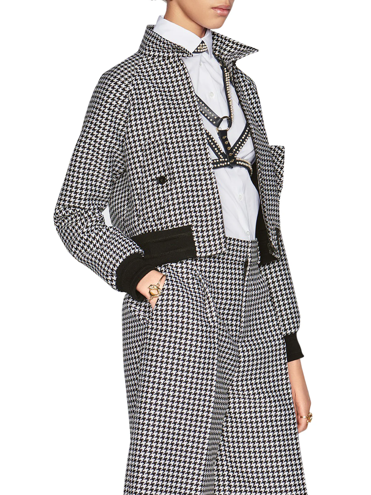 BERMUDA in black and white wool and silk Twill with micro houndstooth motif - Image 5