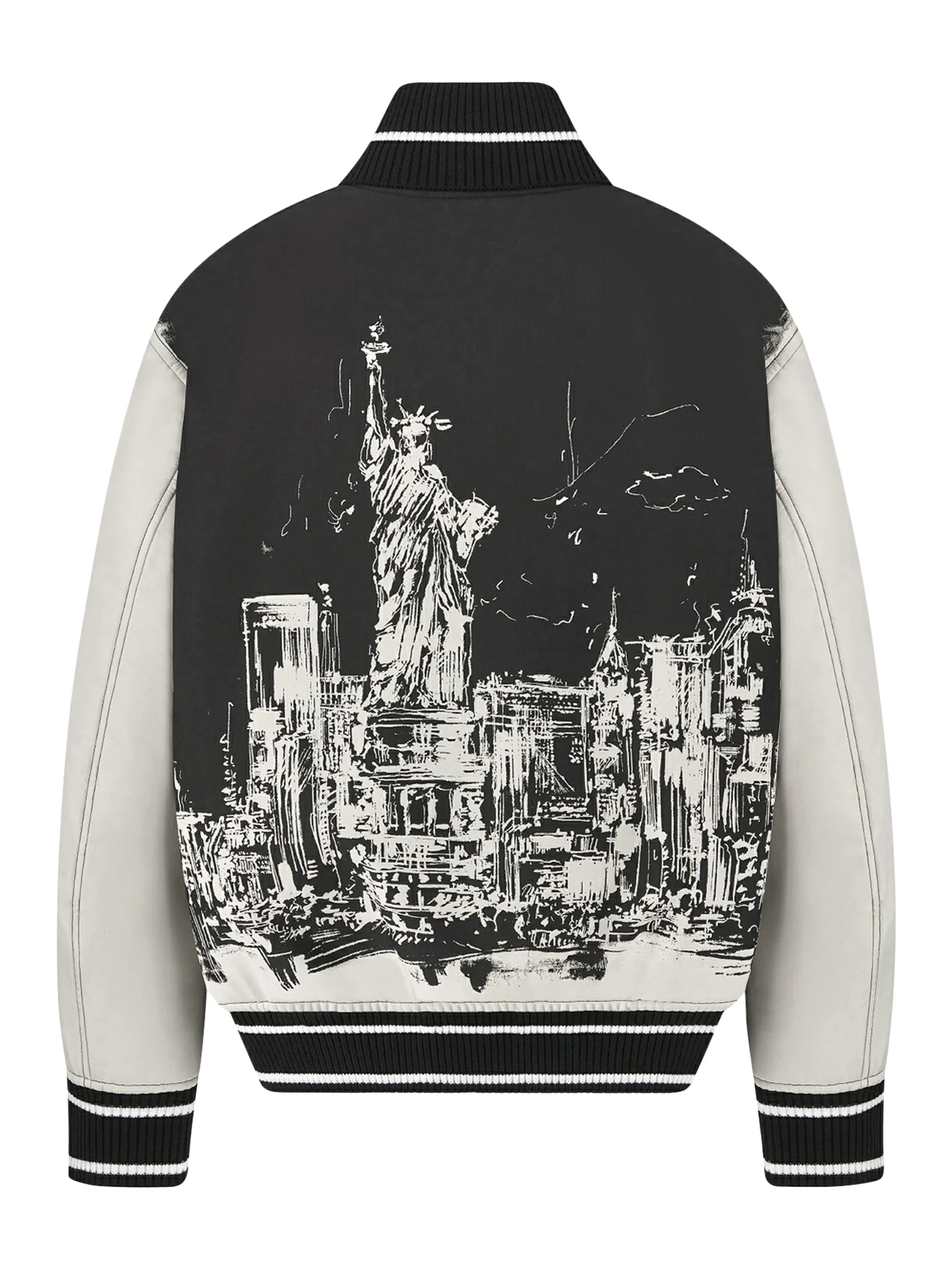 Bomber jacket in black and white technical taffeta jacquard with New York motif - Image 2