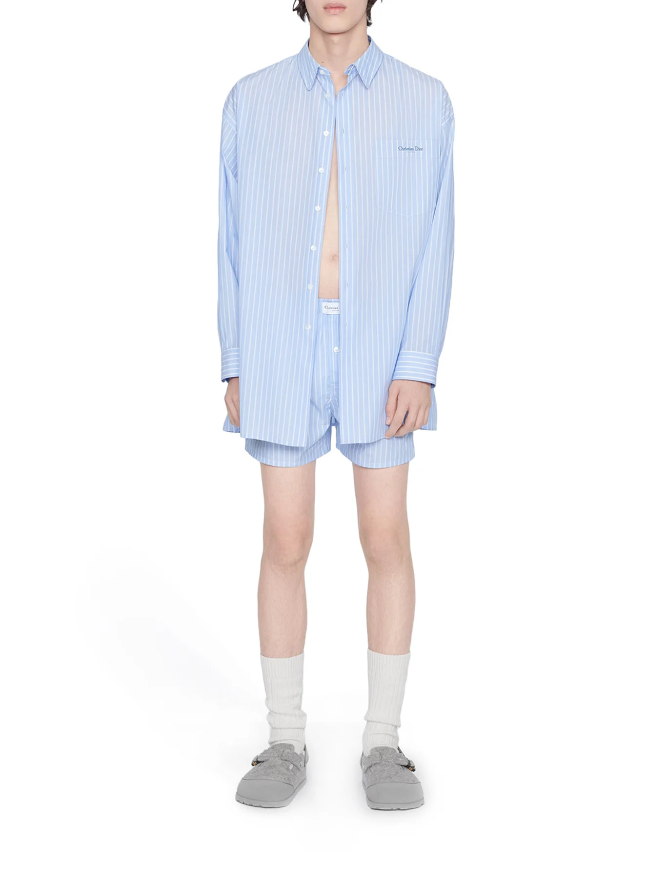Striped blue and white cotton poplin