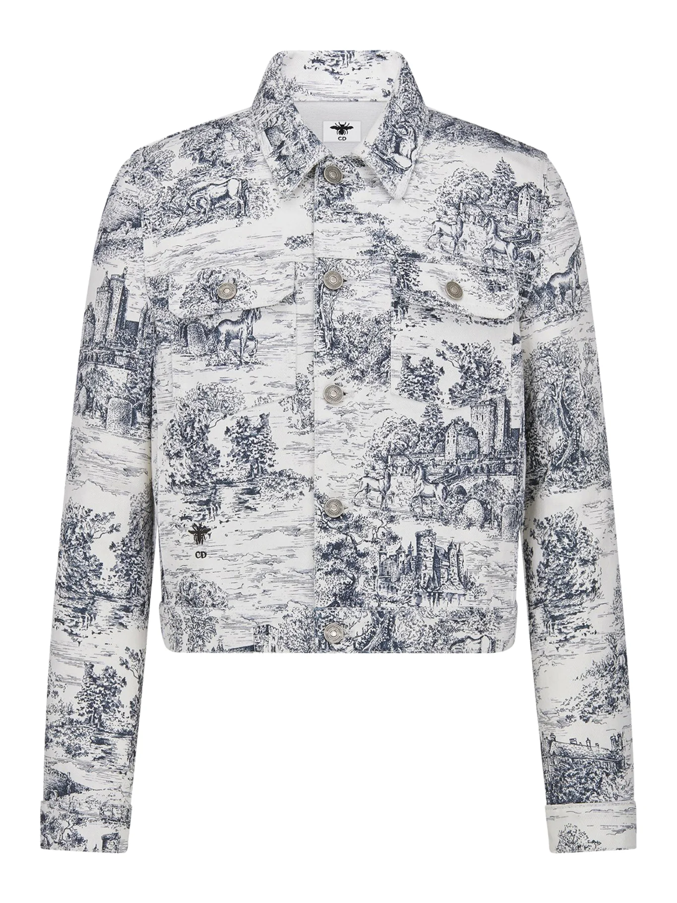 White Cotton Denim Jacket with Blue Toile de Jouy Scotland Pattern - Image 2
