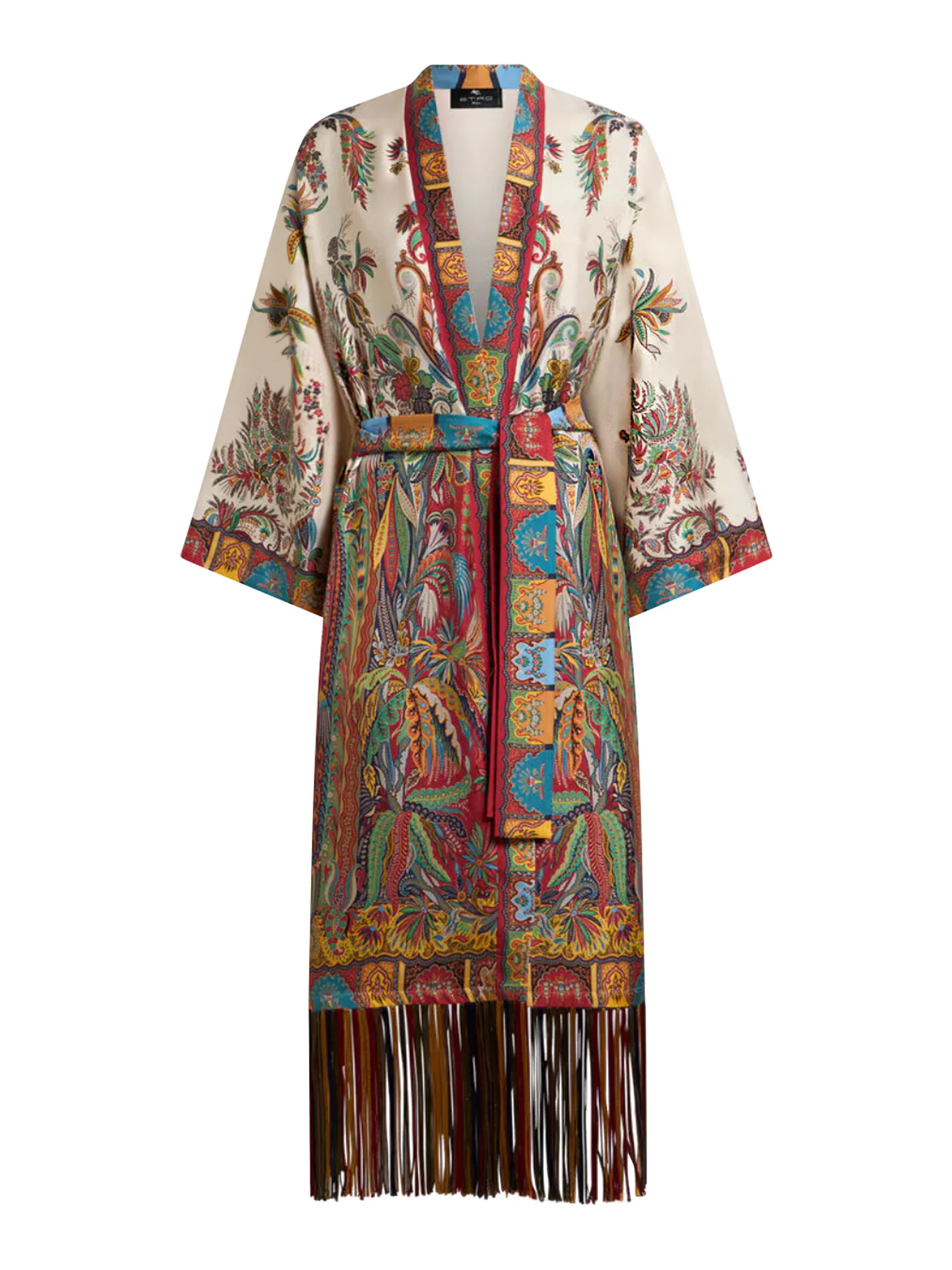 SILK DUSTER COAT WITH FRINGES AND PAISLEY FOLIAGE PRINT