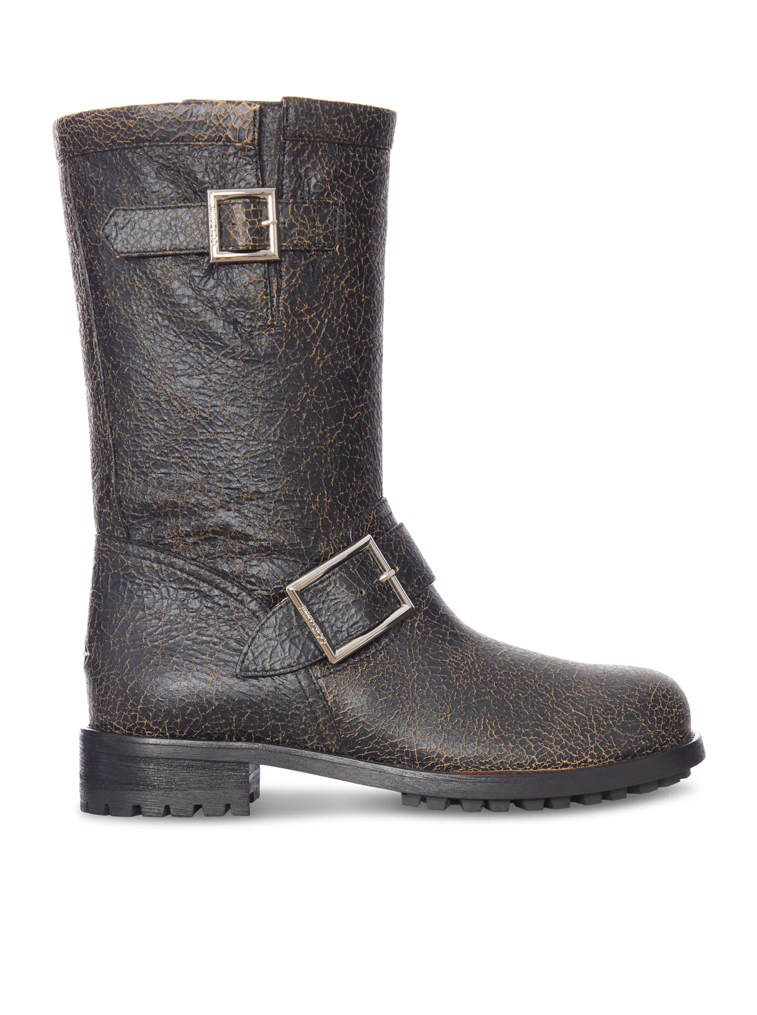 CRACKLED LEATHER BIKER BOOTS WITH BUCKLES