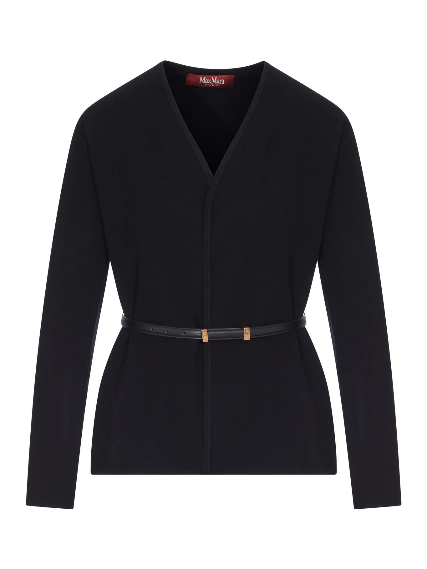 WOOL CARDIGAN WITH LEATHER PROFILES AND BELT