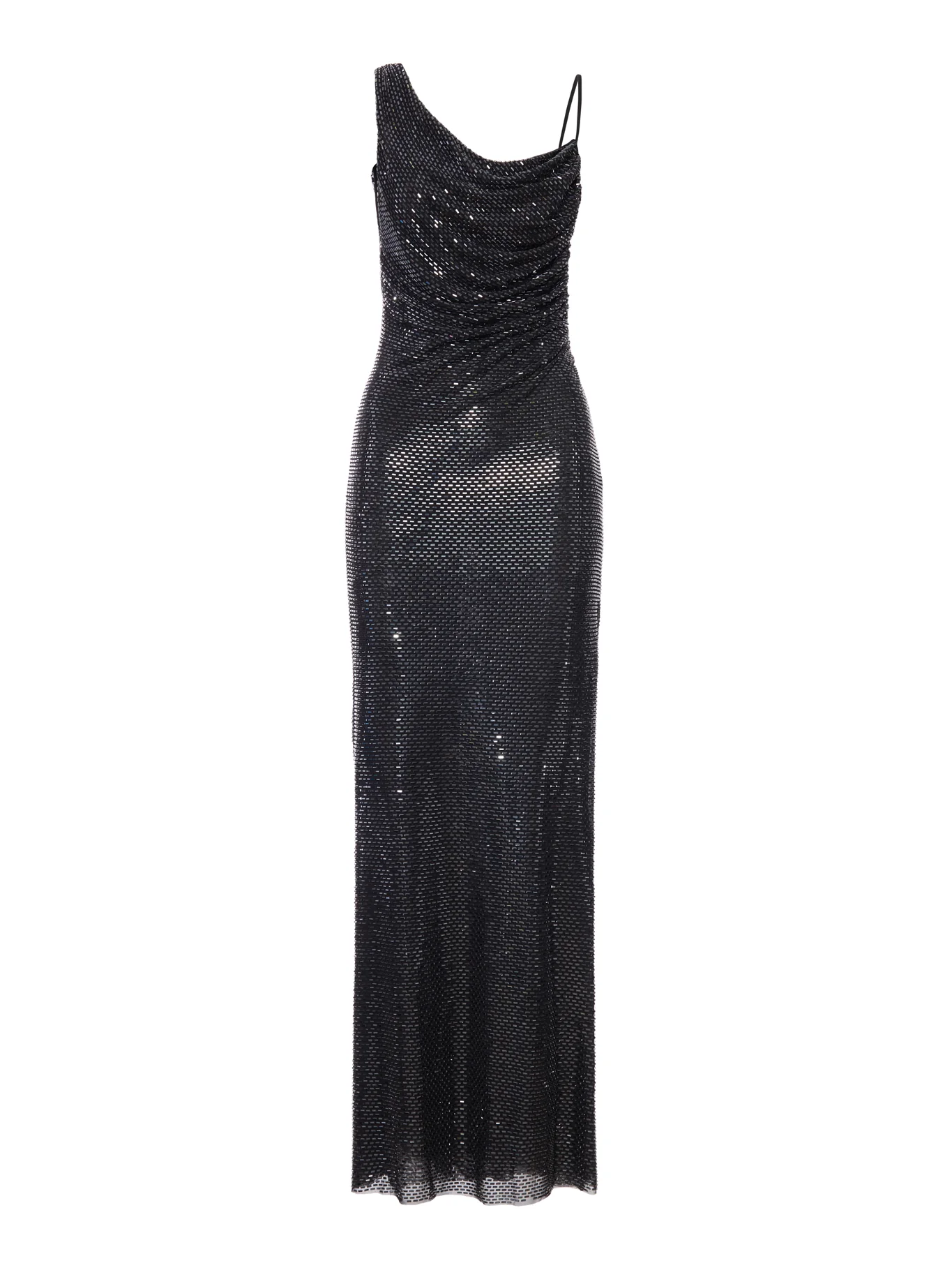 LONG BLACK DRAPED DRESS WITH RHINESTONE