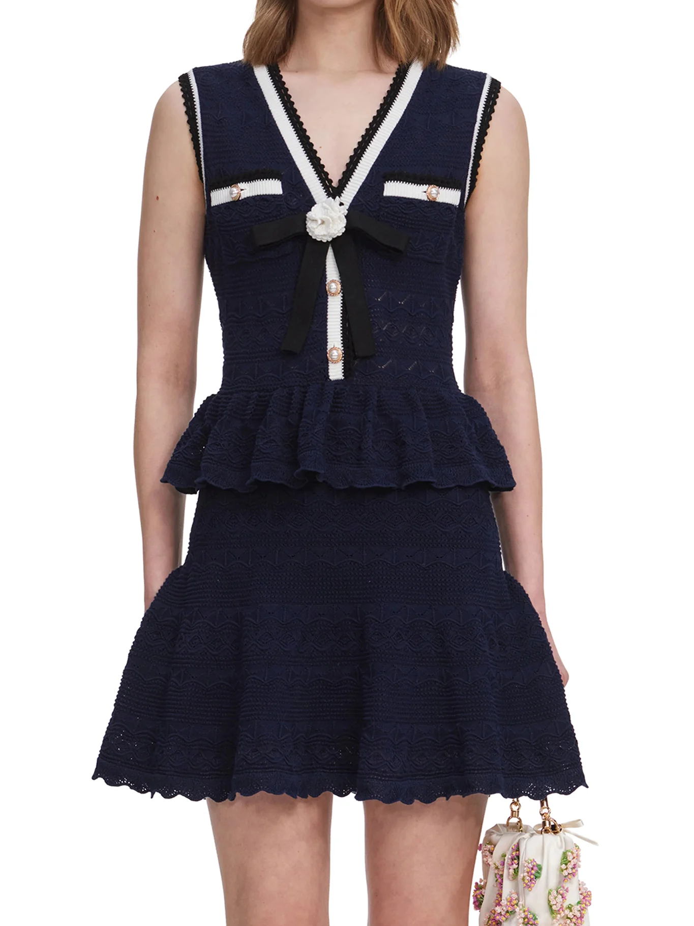 NAVY BLUE PEPLUM QUILTED KNIT MINI DRESS - Image 3
