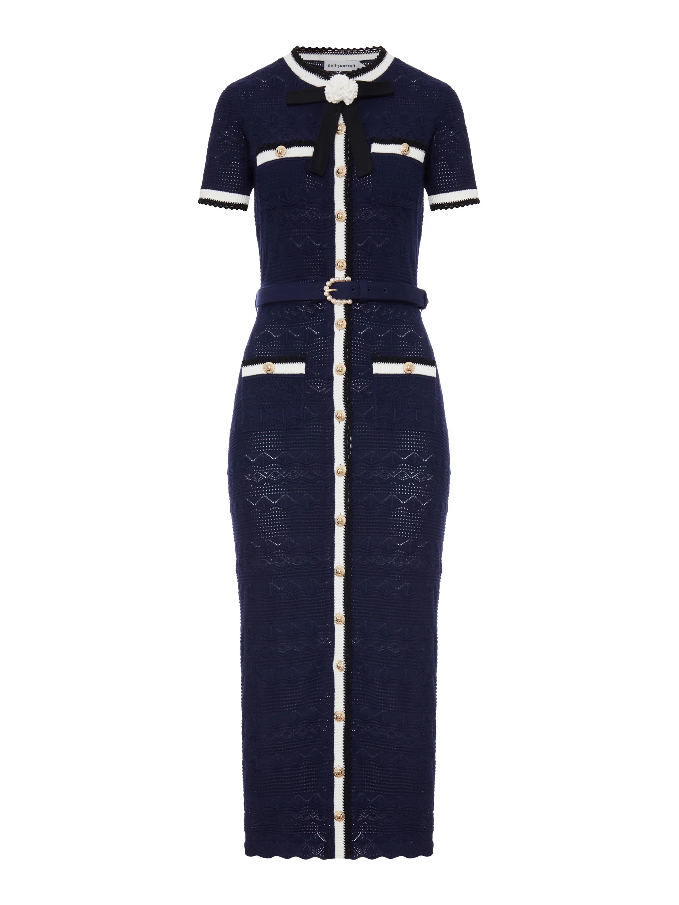 NAVY BLUE PERFORATED KNIT MIDI DRESS