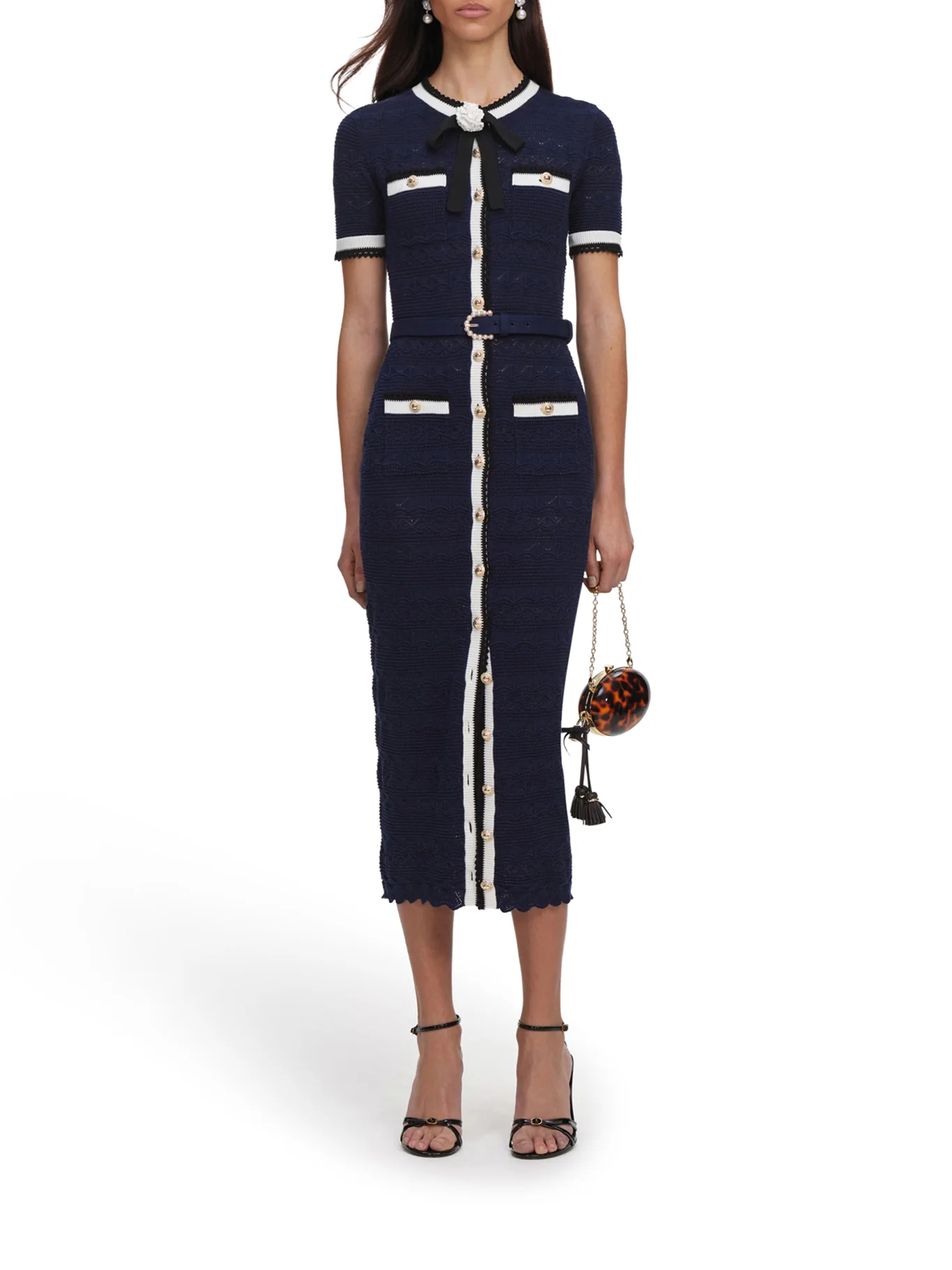 NAVY BLUE PERFORATED KNIT MIDI DRESS - Image 2