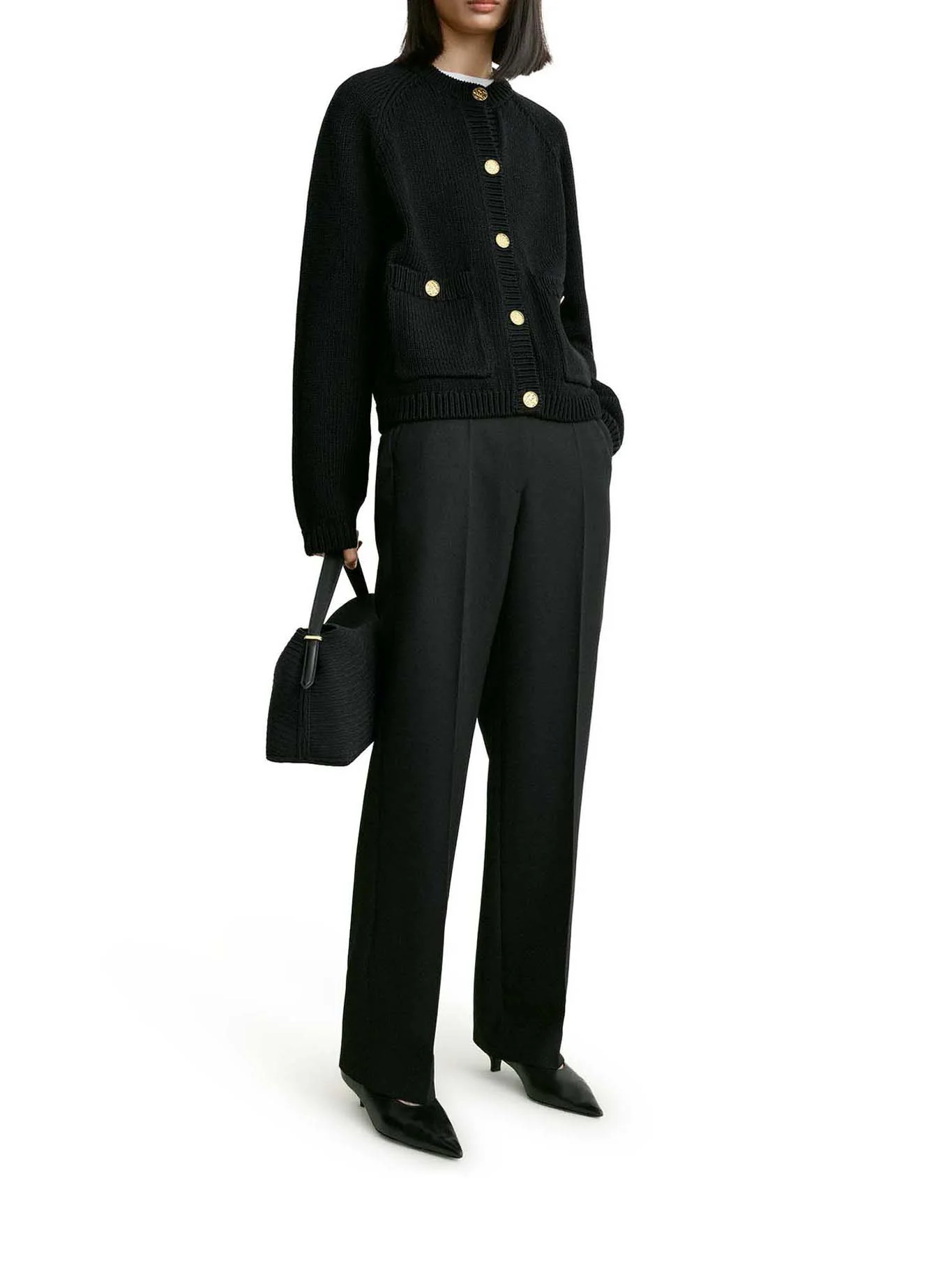 BLACK COTTON CARDIGAN WITH HAMMERED-EFFECT BUTTONS - Image 2