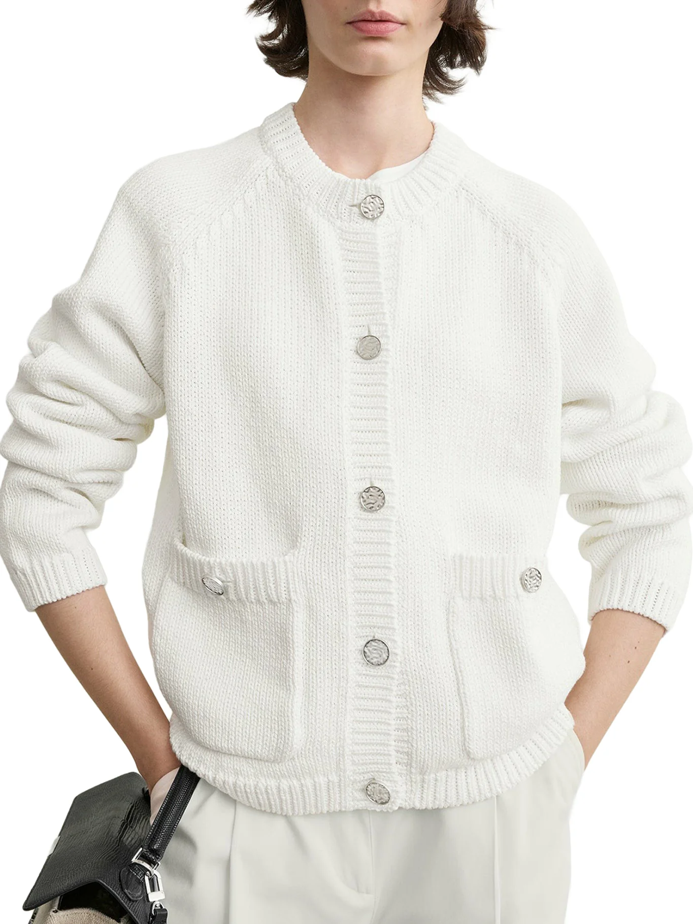 WHITE COTTON CARDIGAN WITH HAMMERED-EFFECT BUTTONS - Image 3