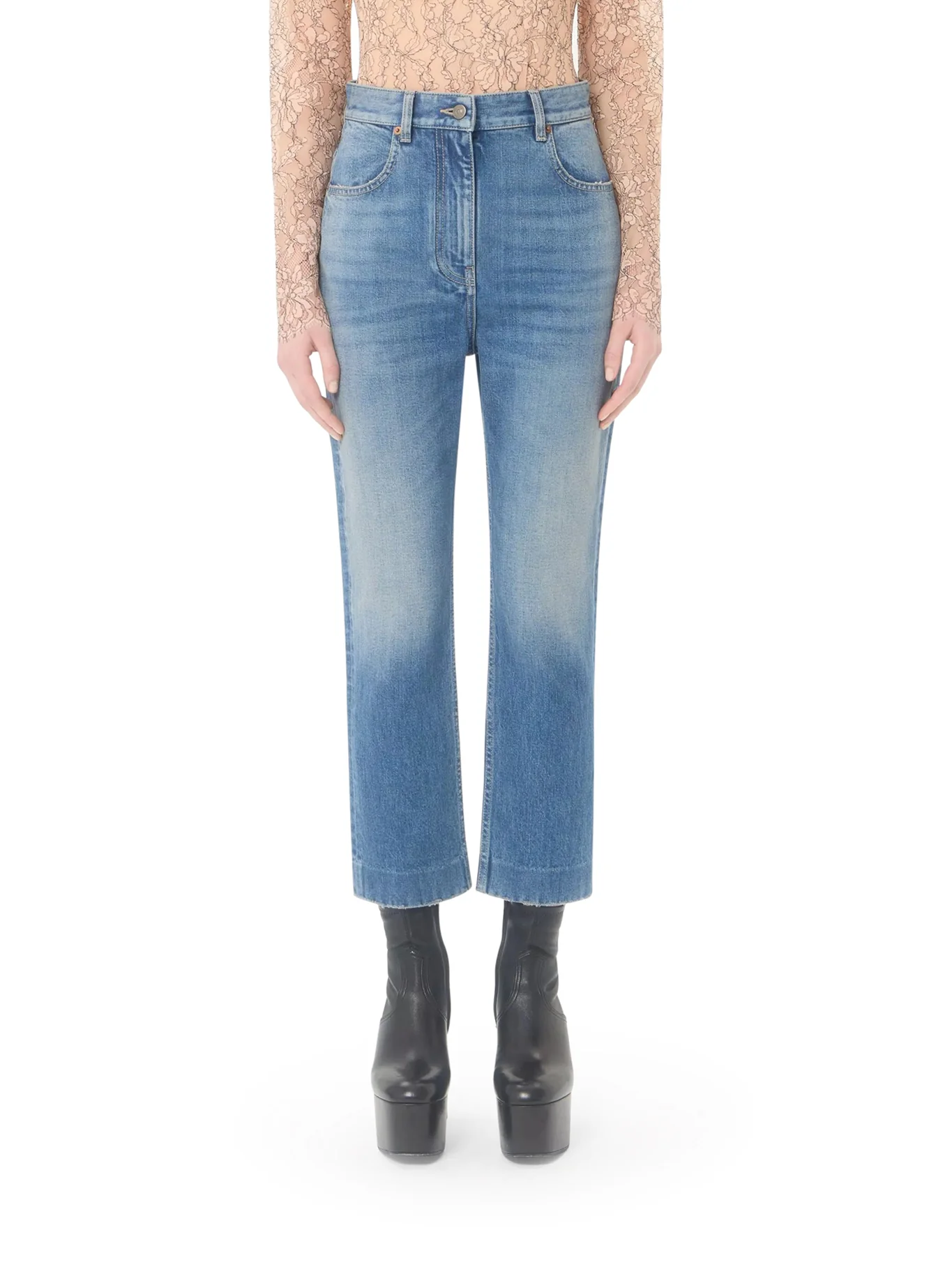 LIGHT WASH DENIM FLARED LEG CROPPED JEANS - Image 2