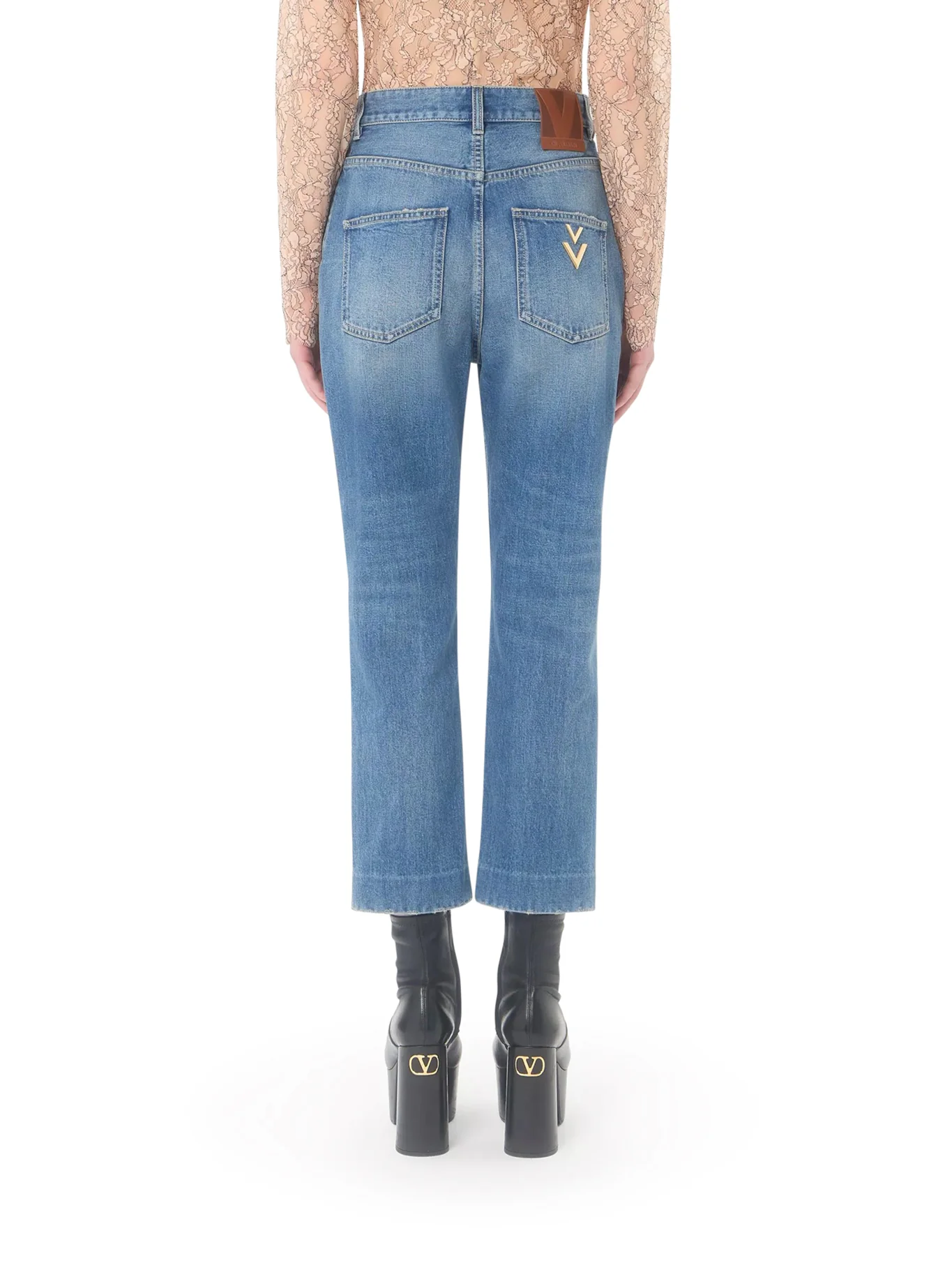 LIGHT WASH DENIM FLARED LEG CROPPED JEANS - Image 3